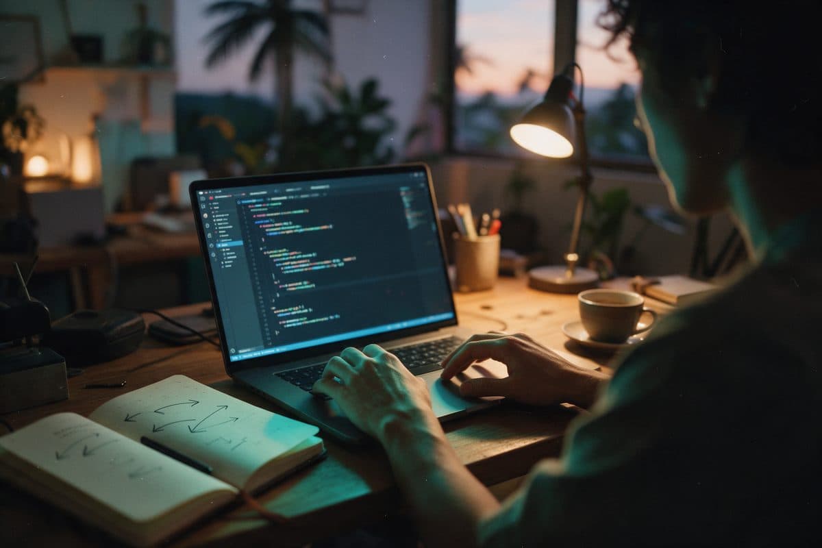 Un ordinateur portable avec un éditeur de code, vu par-dessus l'épaule