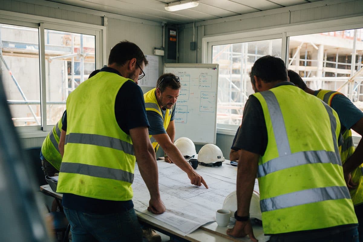 Réunion de chantier dans le bungalow : plans étalés sur la grande table, l'équipe en gilets autour