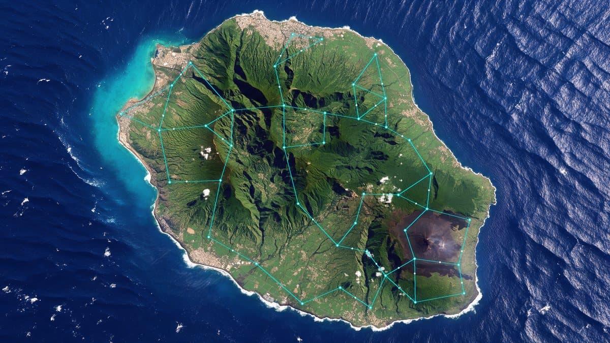 L'île de La Réunion vue du satellite, un réseau lumineux connecté dessiné par-dessus les cirques, le volcan et les villes