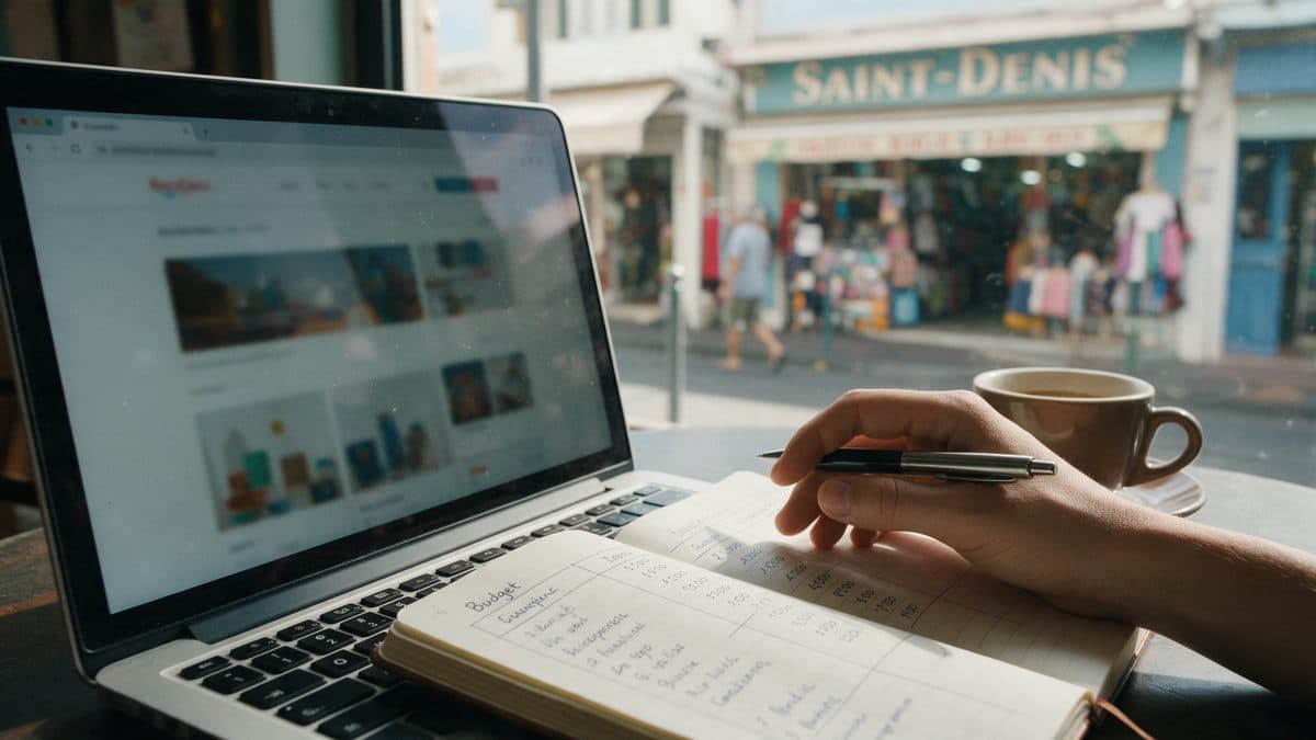 Un ordinateur portable et un carnet de budget sur une table de café