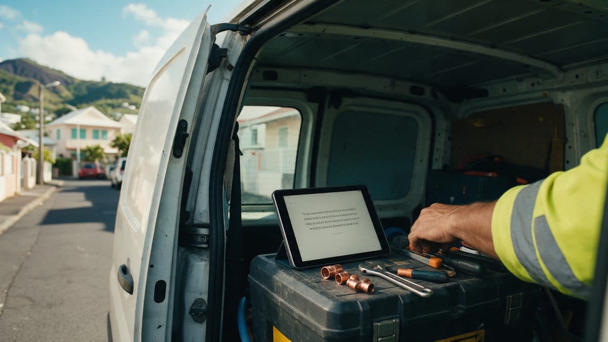 Une camionnette de plombier ouverte, une tablette posée sur la caisse à outils
