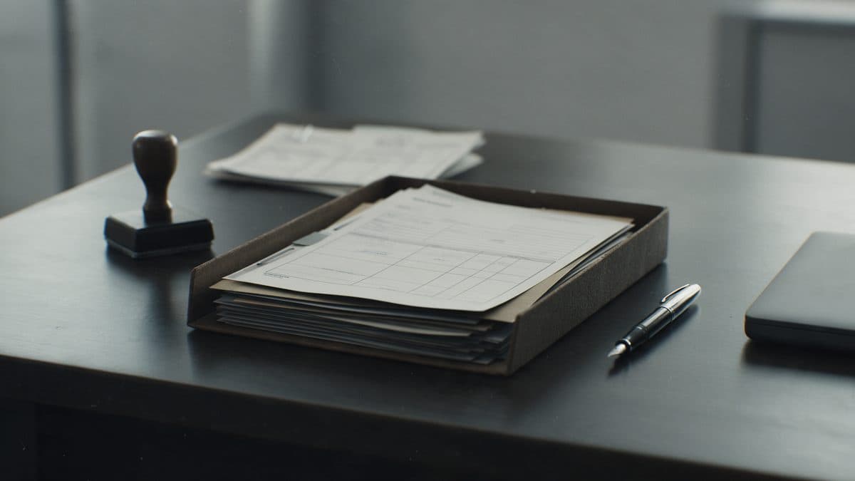 Un dossier administratif, un tampon et un stylo sur un bureau