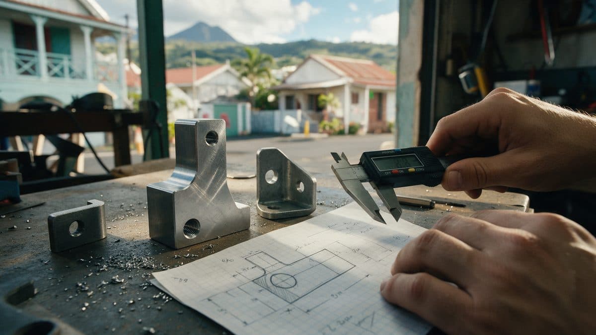 Une pièce usinée sur mesure à côté d'une pièce standard, sur un établi