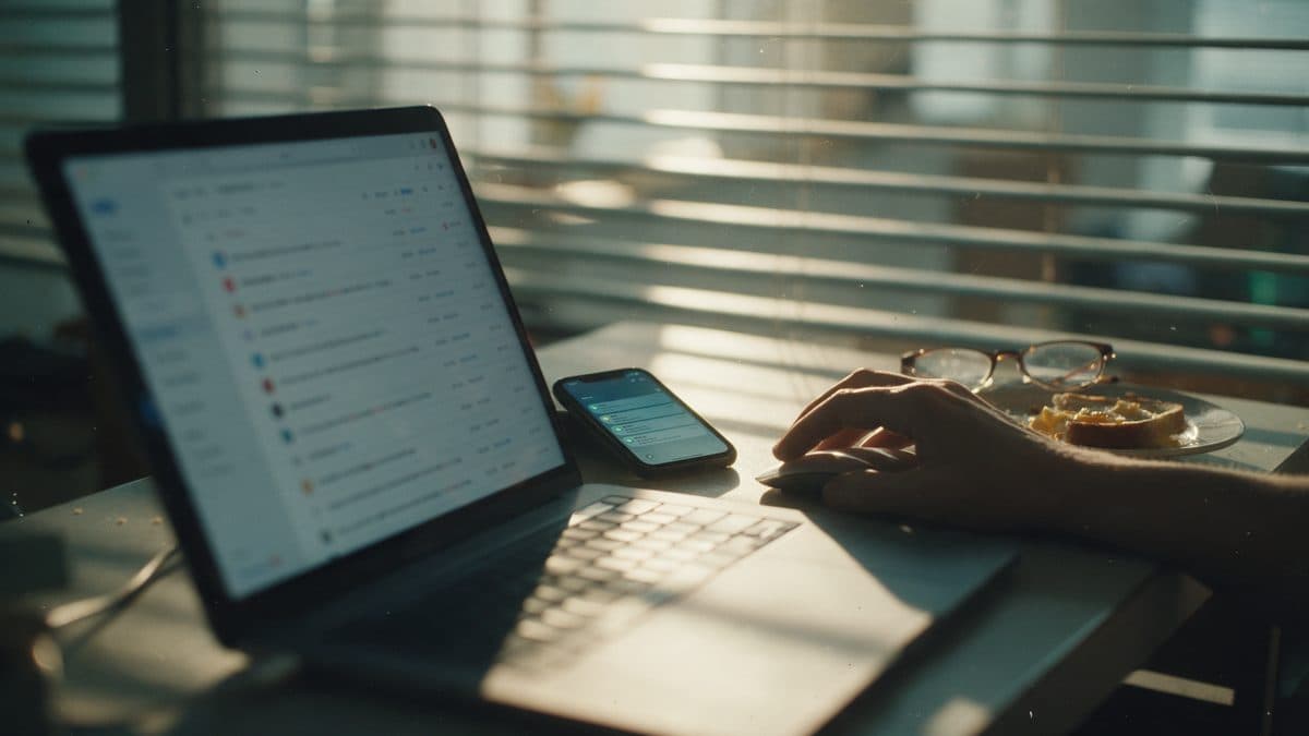 Un bureau le matin, une boîte mail pleine sur l'ordinateur portable
